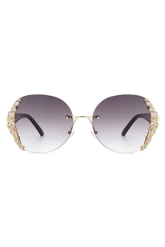 Women Rimless Round Rhinestone Oversize Sunglasses