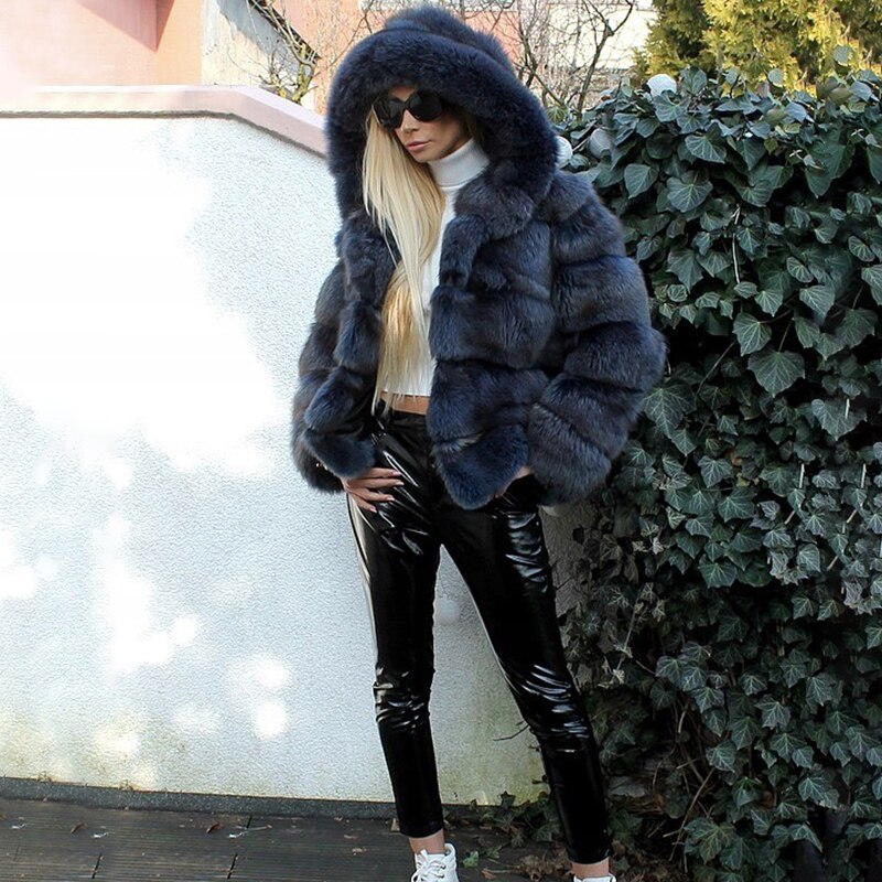 Luxury Faux Fox Fur Coat Women Short Winter Jacket with Big Fur Hood Thick Warm Overcoat 2020 New Fashion Flurry Fake Fur Coats