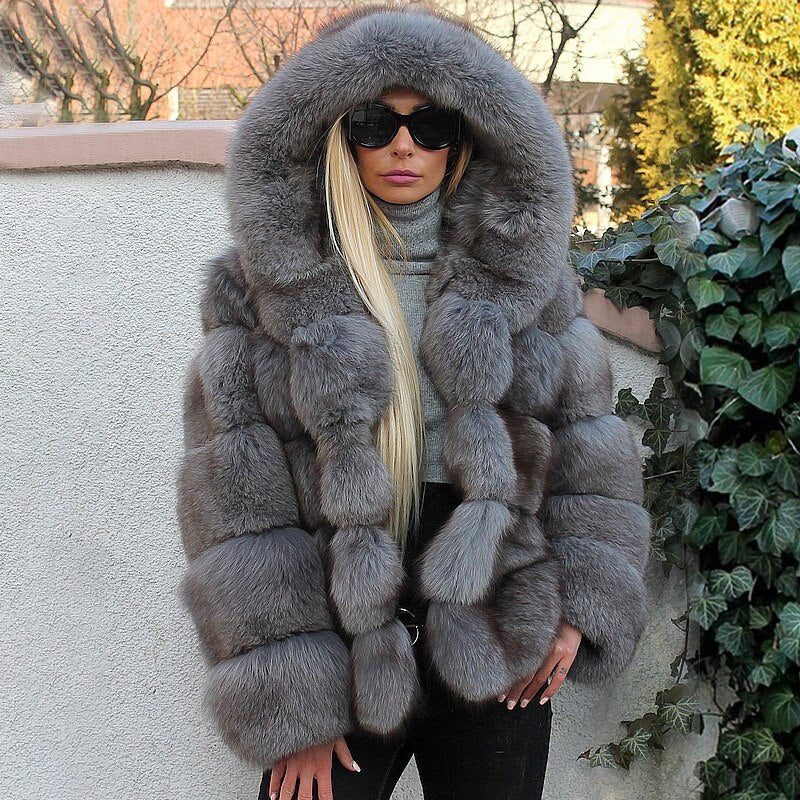 Luxury Faux Fox Fur Coat Women Short Winter Jacket with Big Fur Hood Thick Warm Overcoat 2020 New Fashion Flurry Fake Fur Coats