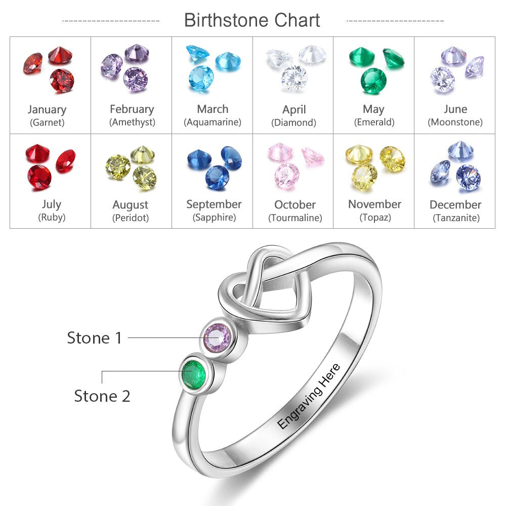 JewelOra Personalized Engraving Heart Knot Rings for Women Customized 2-4 Birthstones Finger Ring Christmas Gifts for Mother