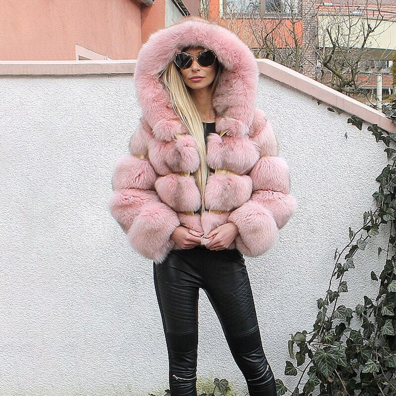 Luxury Faux Fox Fur Coat Women Short Winter Jacket with Big Fur Hood Thick Warm Overcoat