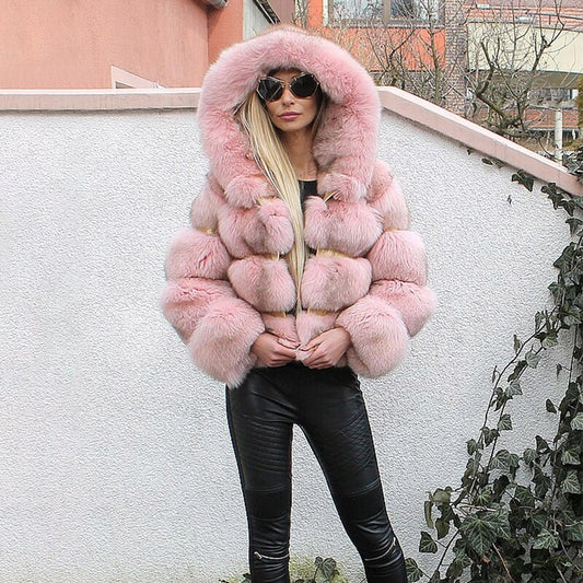 Luxury Green Faux Fox Fur Coat Women Short Winter Jacket with Big Fur Hood