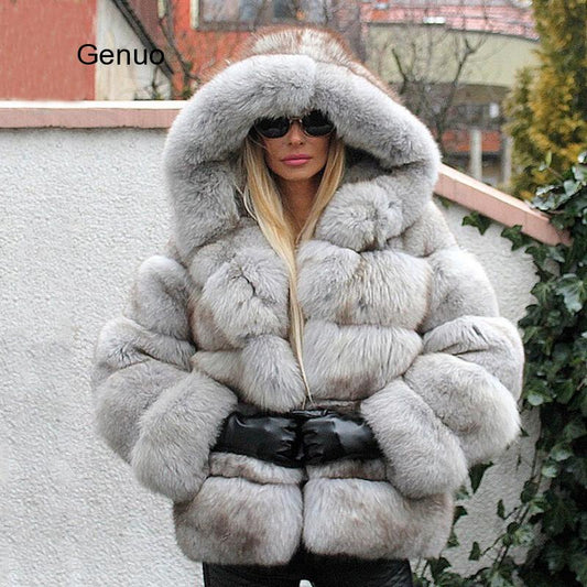 Luxury Faux Fox Fur Coat Women Short Winter Jacket with Big Fur Hood Thick Warm Overcoat 2020 New Fashion Flurry Fake Fur Coats