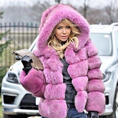 Luxury Faux Fox Fur Coat Women Short Winter Jacket with Big Fur Hood Thick Warm Overcoat 2020 New Fashion Flurry Fake Fur Coats