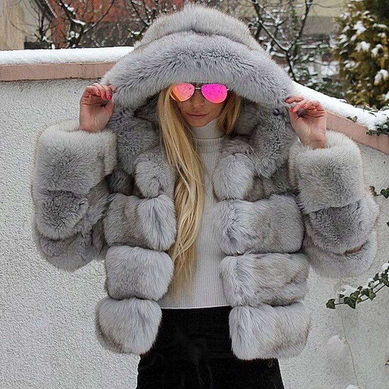 Luxury Khaki Faux Fox Fur Coat Women Short Winter Jacket with Big Fur Hood