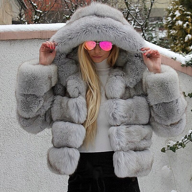 Luxury Faux Fox Fur Coat Women Short Winter Jacket with Big Fur Hood Thick Warm Overcoat