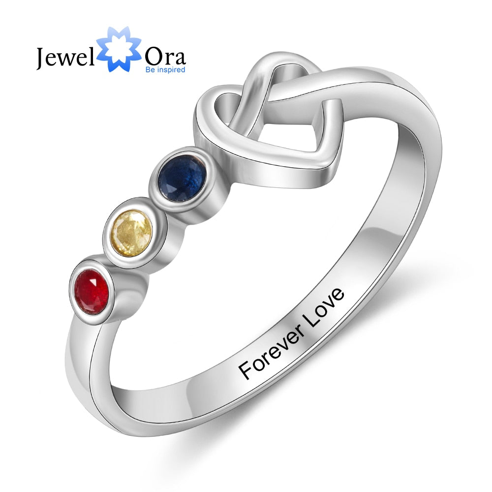 JewelOra Personalized Engraving Heart Knot Rings for Women Customized 2-4 Birthstones Finger Ring Christmas Gifts for Mother