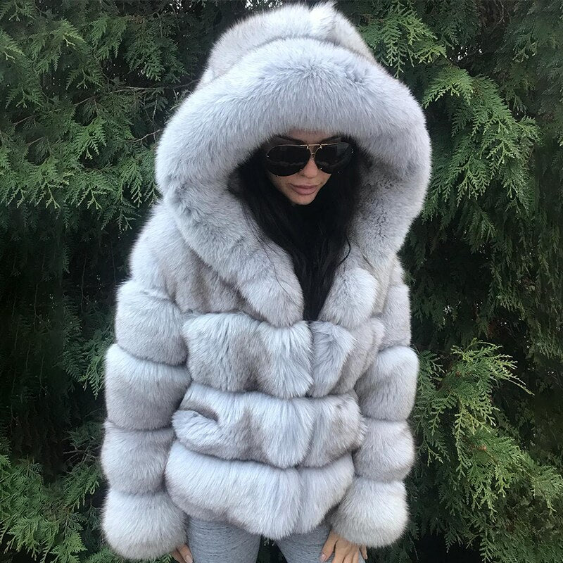 Luxury Purple Faux Fox Fur Coat Winter Jacket with Big Fur Hood