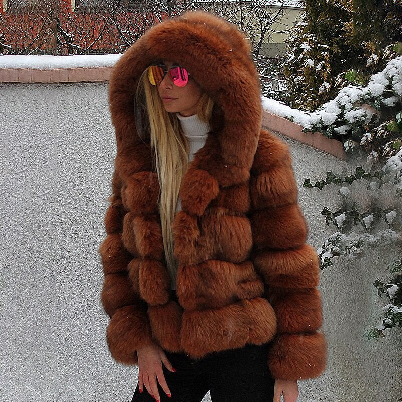 Luxury Faux Fox Fur Coat  Short Winter Jacket with Big Fur Hood