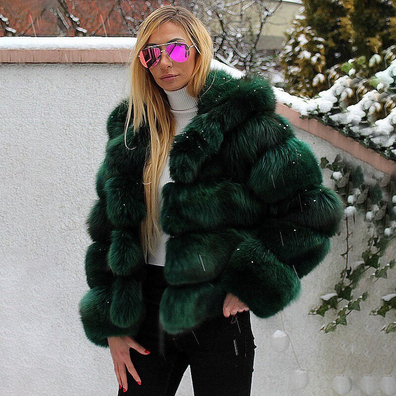 Luxury Khaki Faux Fox Fur Coat Women Short Winter Jacket with Big Fur Hood
