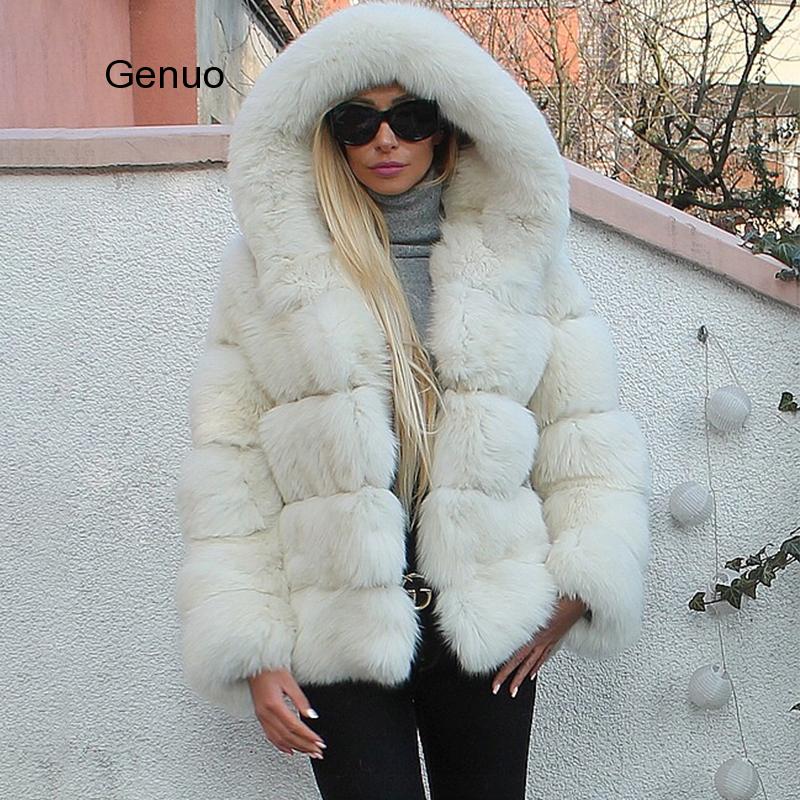 Luxury Faux Fox Fur Coat Women Short Winter Jacket with Big Fur Hood Thick Warm Overcoat 2020 New Fashion Flurry Fake Fur Coats