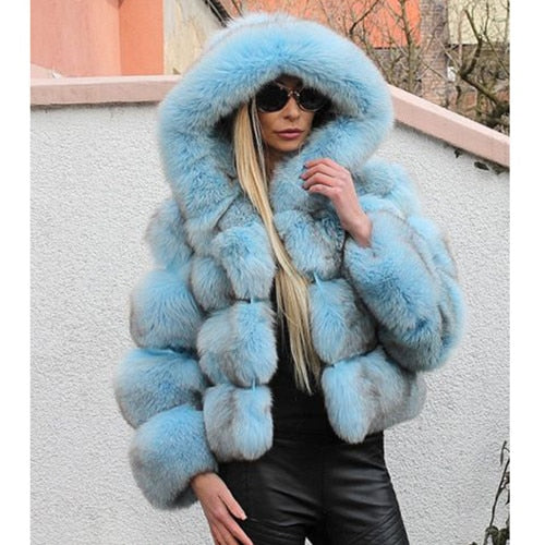 Luxury Purple Faux Fox Fur Coat Winter Jacket with Big Fur Hood