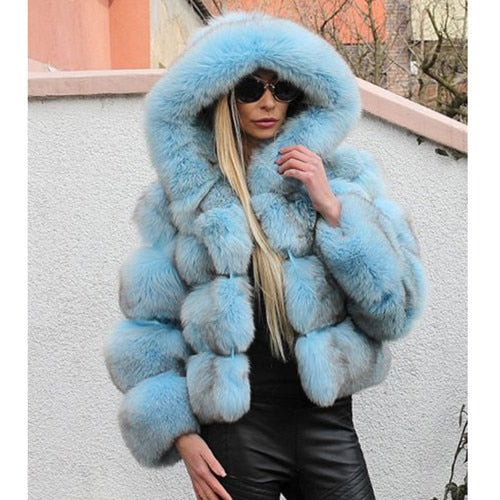 Luxury Faux Fox Fur Coat Women Short Winter Jacket with Big Fur Hood Thick Warm Overcoat  Fashion Flurry Fake Fur Coats