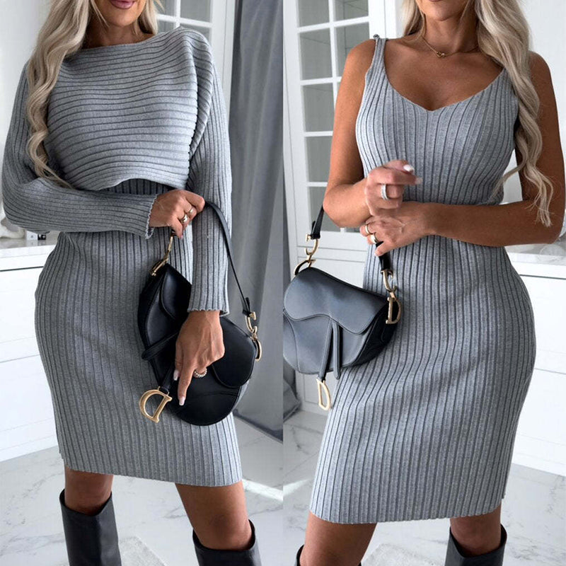 2pcs  Women's Solid Stripe Long-sleeved Top And  Suspender Skirt