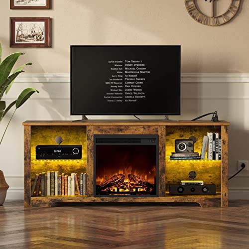 Rolanstar Fireplace TV Stand 57.9&quot; with Led Lights and Power Outlets, TV Console for TVs up to 65&quot;, Entertainment Center with Adjustable Glass Shelves, Walnut - 1649286805