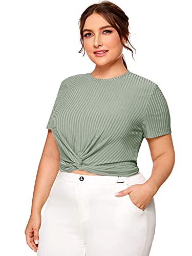 Romwe Women's Plue Size Front Twist Short Sleeve Plus Size Crop T-Shirt Tops Blouse Mix Green 4X - 1651442228