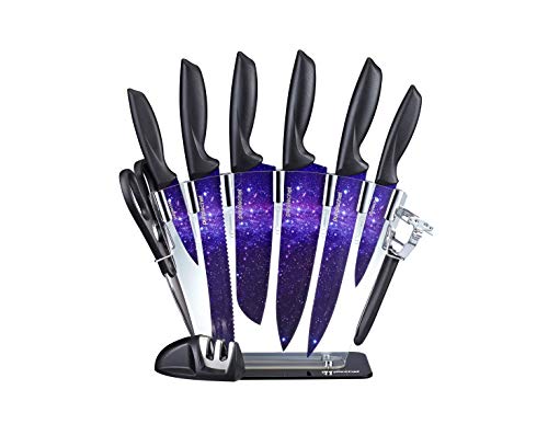 PurpleChef 10 Pieces Purple Galaxy Kitchen Knives Set. Includes 6 Stainless Steel Knives, Scissors, Knife Sharpener, Peeler, and Clear Acrylic Stand. - 1649287047