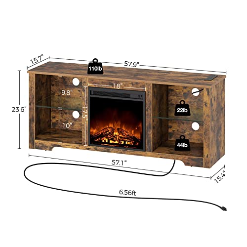 Rolanstar Fireplace TV Stand 57.9&quot; with Led Lights and Power Outlets, TV Console for TVs up to 65&quot;, Entertainment Center with Adjustable Glass Shelves, Walnut - 1649286805