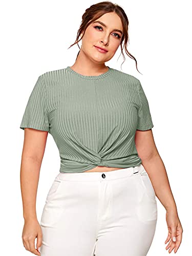 Romwe Women's Plue Size Front Twist Short Sleeve Plus Size Crop T-Shirt Tops Blouse Mix Green 4X - 1651442228