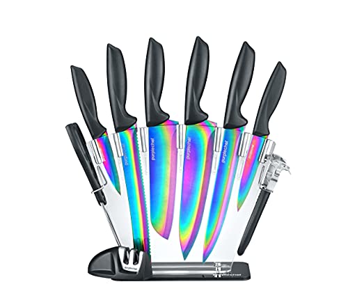 PurpleChef 10 Pieces Purple Galaxy Kitchen Knives Set. Includes 6 Stainless Steel Knives, Scissors, Knife Sharpener, Peeler, and Clear Acrylic Stand. - 1649287047