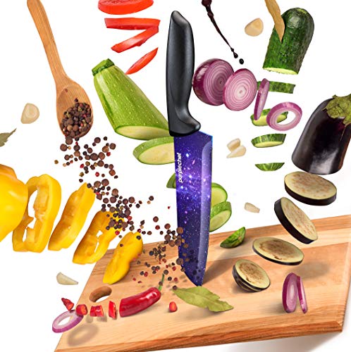 PurpleChef 10 Pieces Purple Galaxy Kitchen Knives Set. Includes 6 Stainless Steel Knives, Scissors, Knife Sharpener, Peeler, and Clear Acrylic Stand. - 1649287047