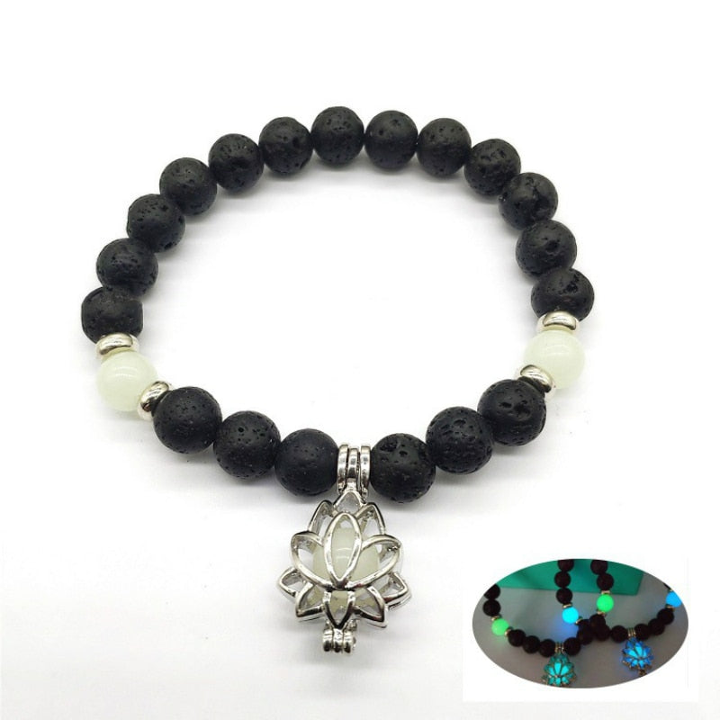 8mm Natural Stone Beads Bracelet Glow in the Dark Lotus Pendant