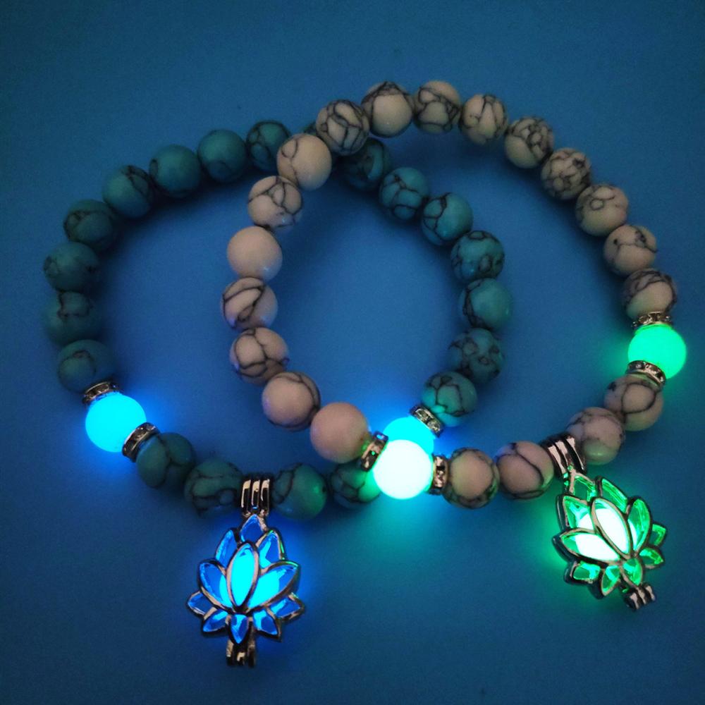 8mm Natural Stone Beads Bracelet Glow in the Dark Lotus Pendant