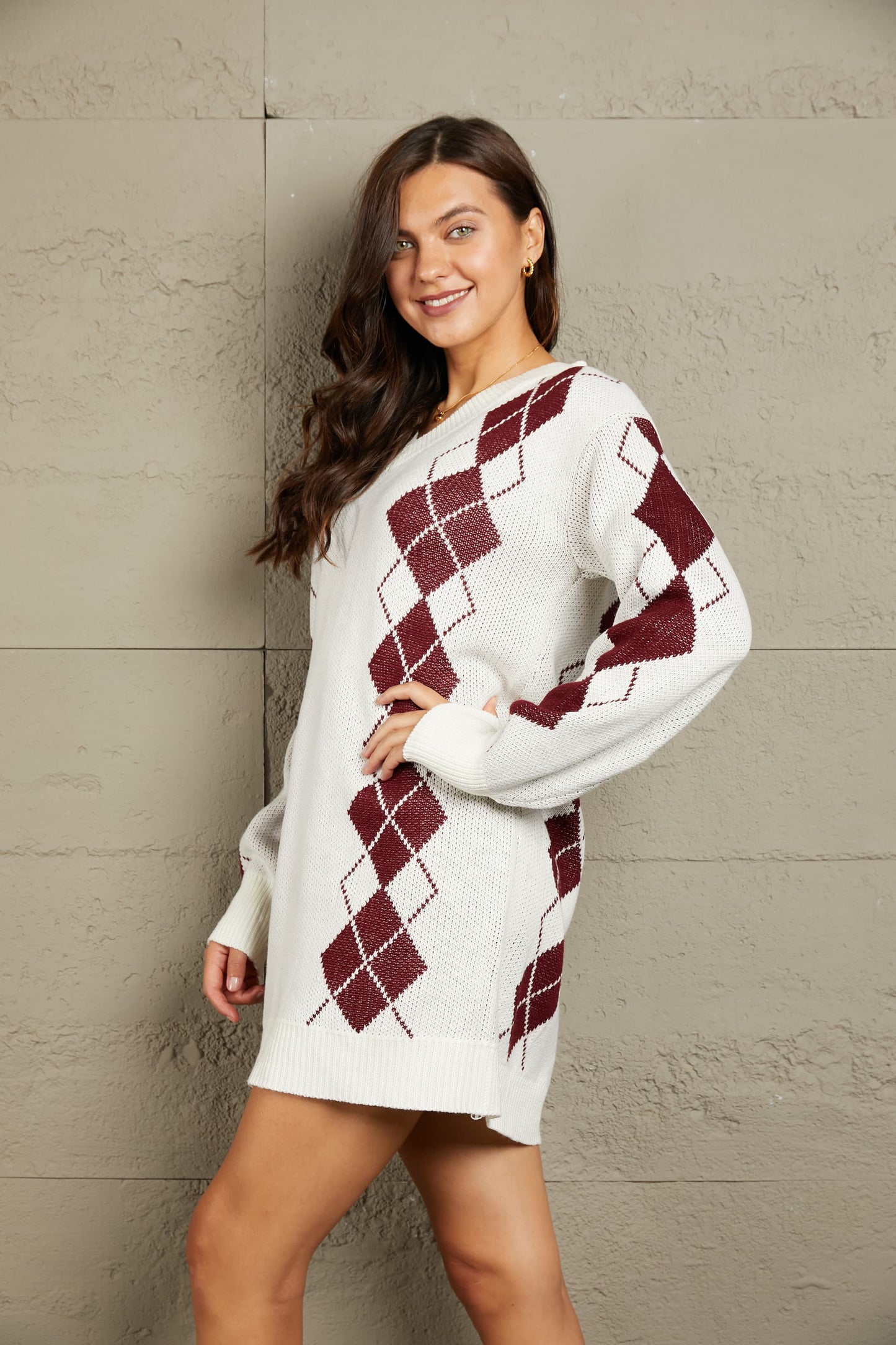 Woven Right Argyle V-Neck Ribbed Trim Sweater Dress