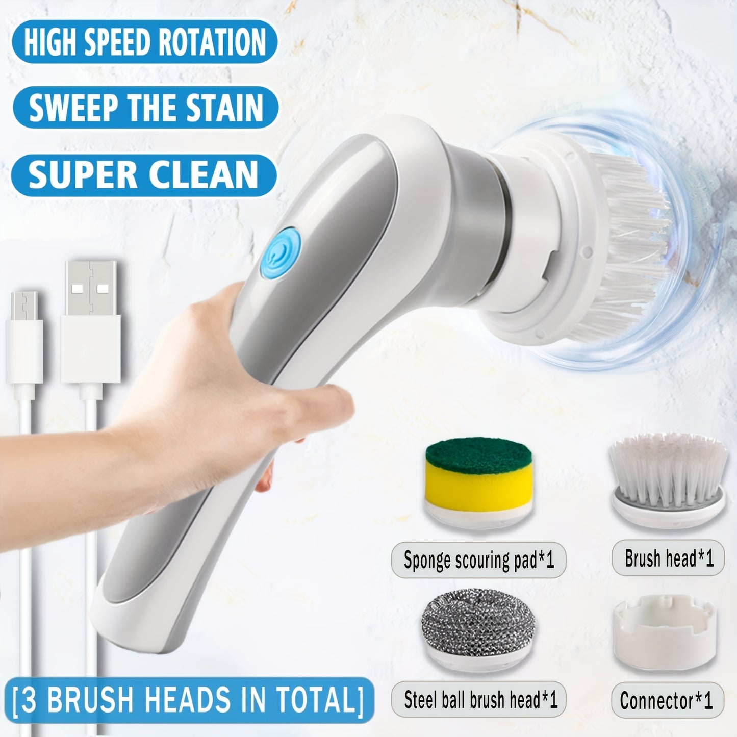 Powerful Electric Spin Scrubber with 3 Brush Heads - Effortless Cleaning for Bathroom, Kitchen, and More!