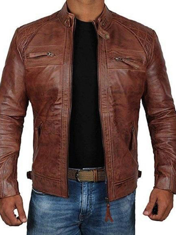 Men's Leather Jacket Stand Collar Punk Motorcycle Leather Slim Fit Jacket