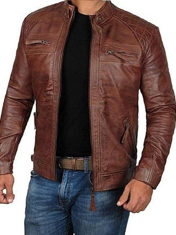 Men's Leather Jacket Stand Collar Punk Motorcycle Leather Slim Fit Jacket