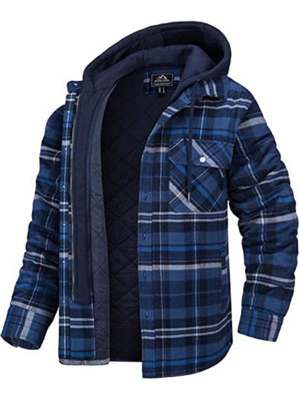 Men casual Padded Plaid  Hooded Jacket
