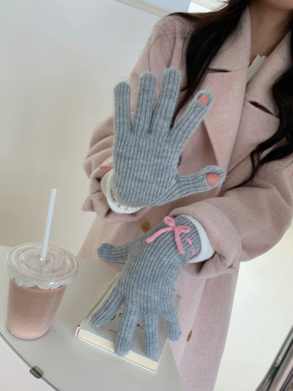 New women's warm, cute and versatile bow-knot warm touch screen fingerless gloves