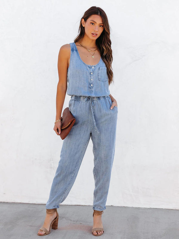 Ladies new casual style washed denim jumpsuit