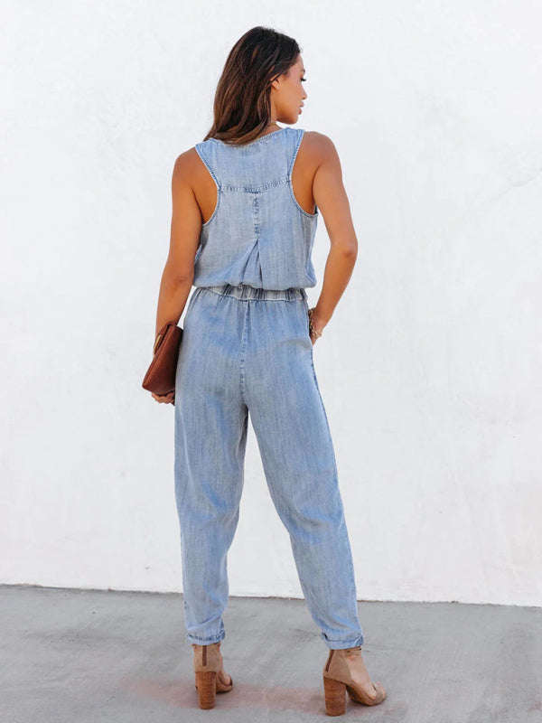 Ladies new casual style washed denim jumpsuit