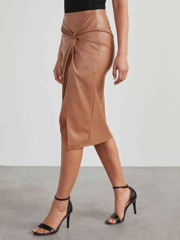 New solid color slit mid-length sexy hot girl butt-covering leather skirt